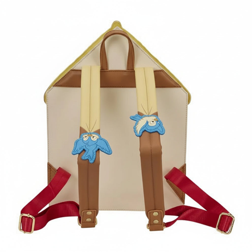 Backpack with blue owl designs on straps against a white background