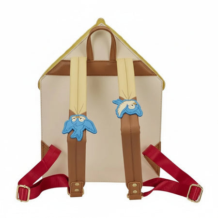 Backpack with blue owl designs on straps against a white background