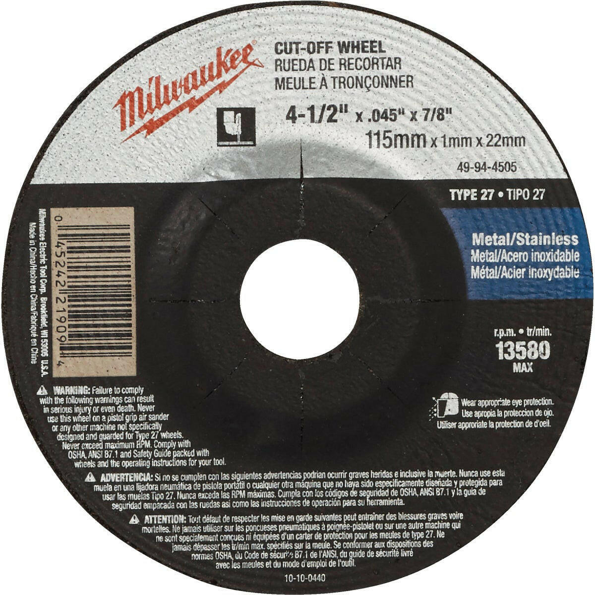 Milwaukee 49-94-4505 Cutting Wheel 4-1/2 X .045 X 7/8 Type 27.