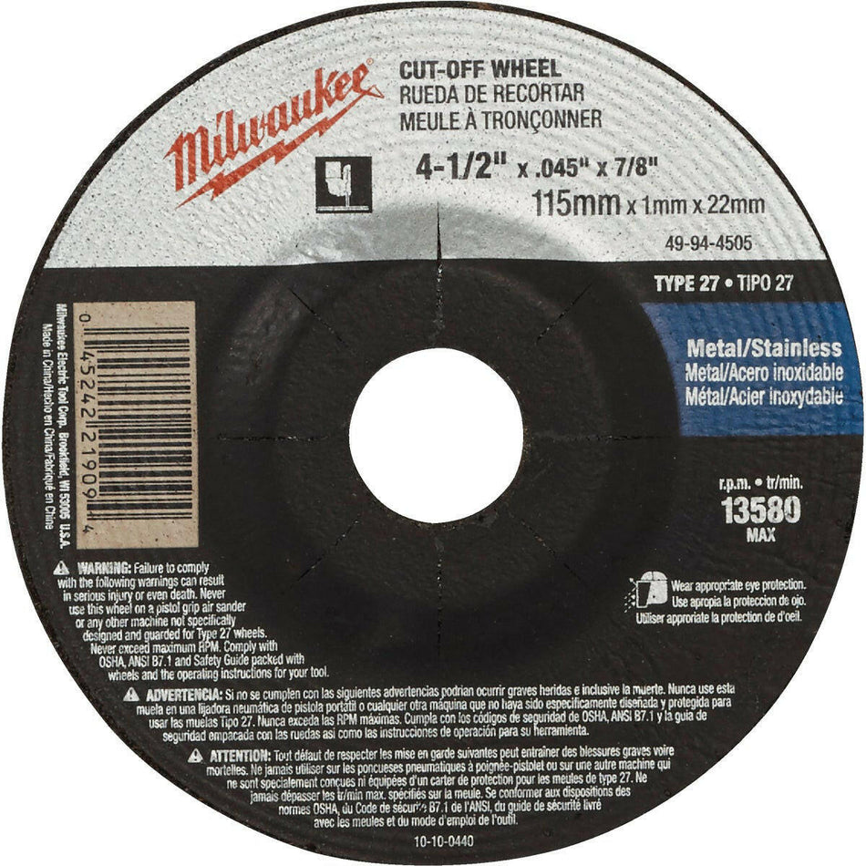 Milwaukee 49-94-4505 Cutting Wheel 4-1/2 X .045 X 7/8 Type 27.