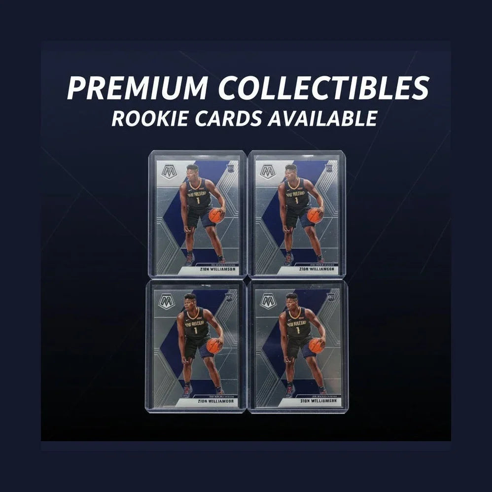 Four sports trading cards of a player in action on a textured black background