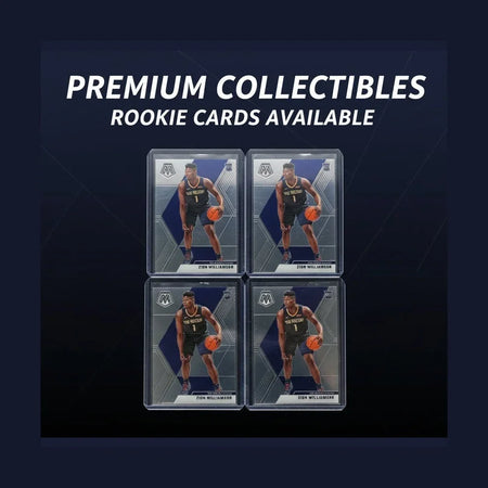 Four sports trading cards of a player in action on a textured black background