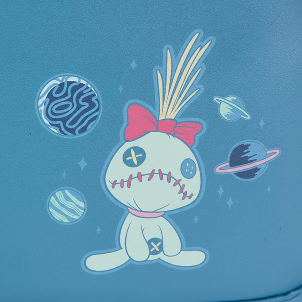 Cartoon character with a bow and planets on a blue background