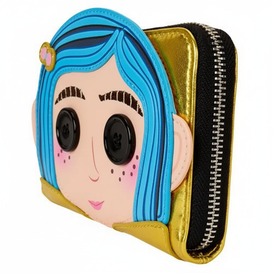 Character-themed wallet with blue hair and black eyes on a white background