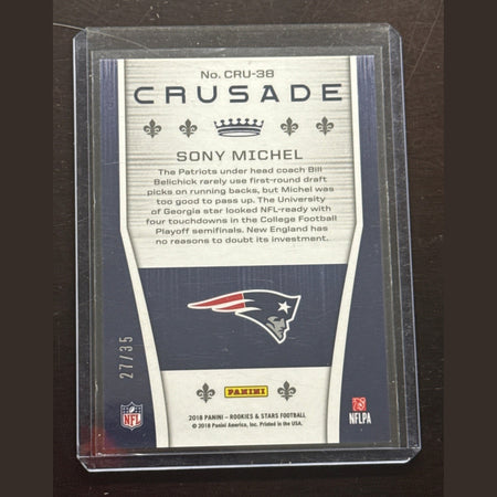 Trading card of Sony Michel with Patriots logo on a dark background