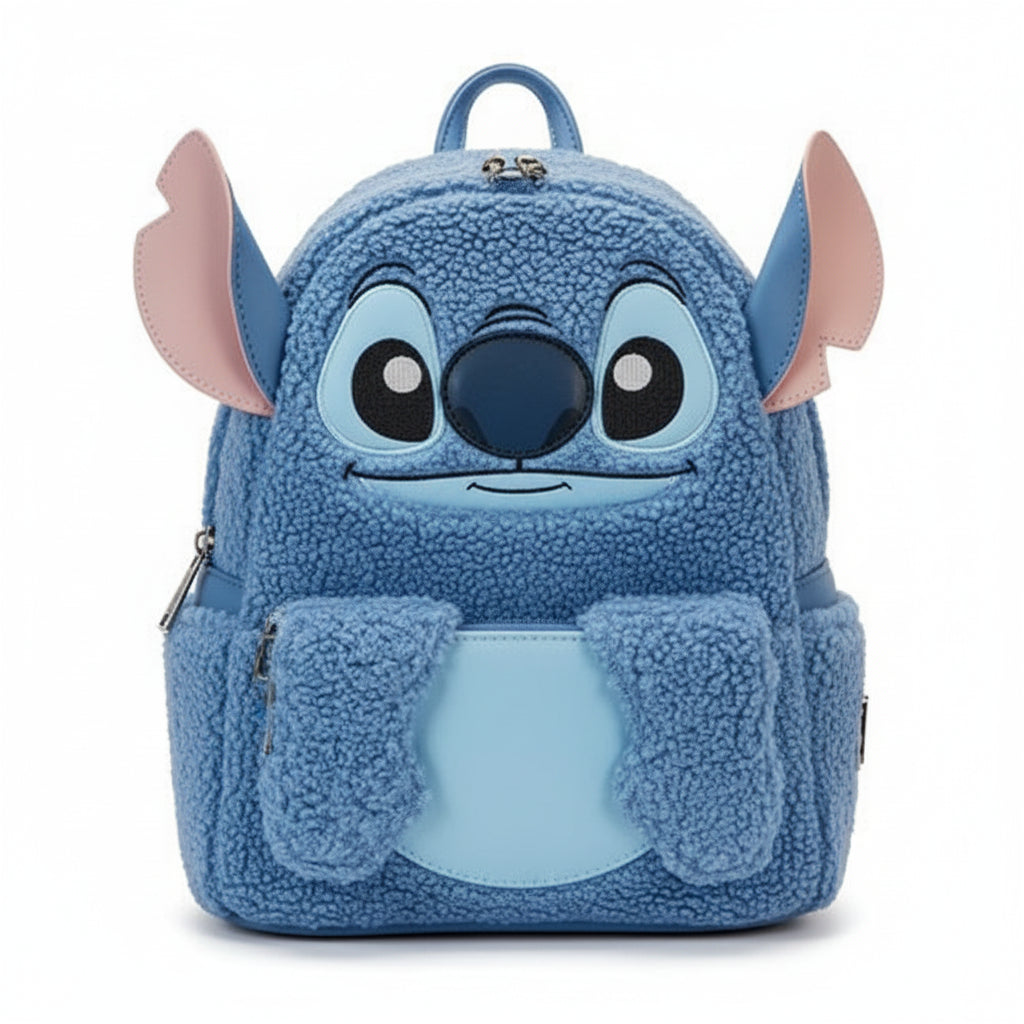 Blue plush backpack with cartoon face design on a white background
