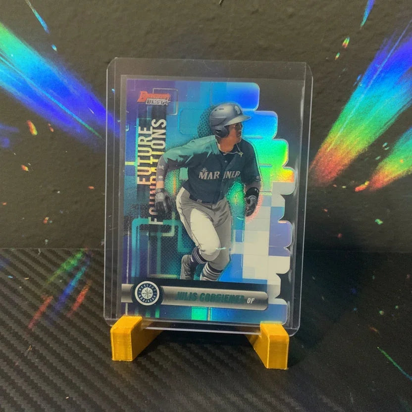 Trading card in a protective case on a textured surface