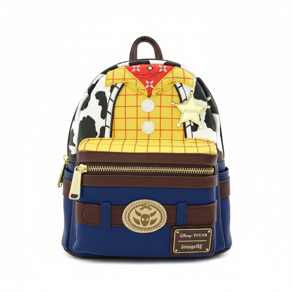 Backpack designed like a character from Toy Story with a colorful pattern on a white background