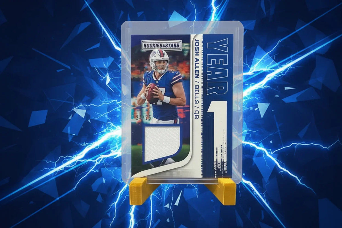 Football trading card of Josh Allen in a protective case on a textured surface