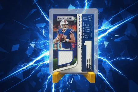 Football trading card of Josh Allen in a protective case on a textured surface