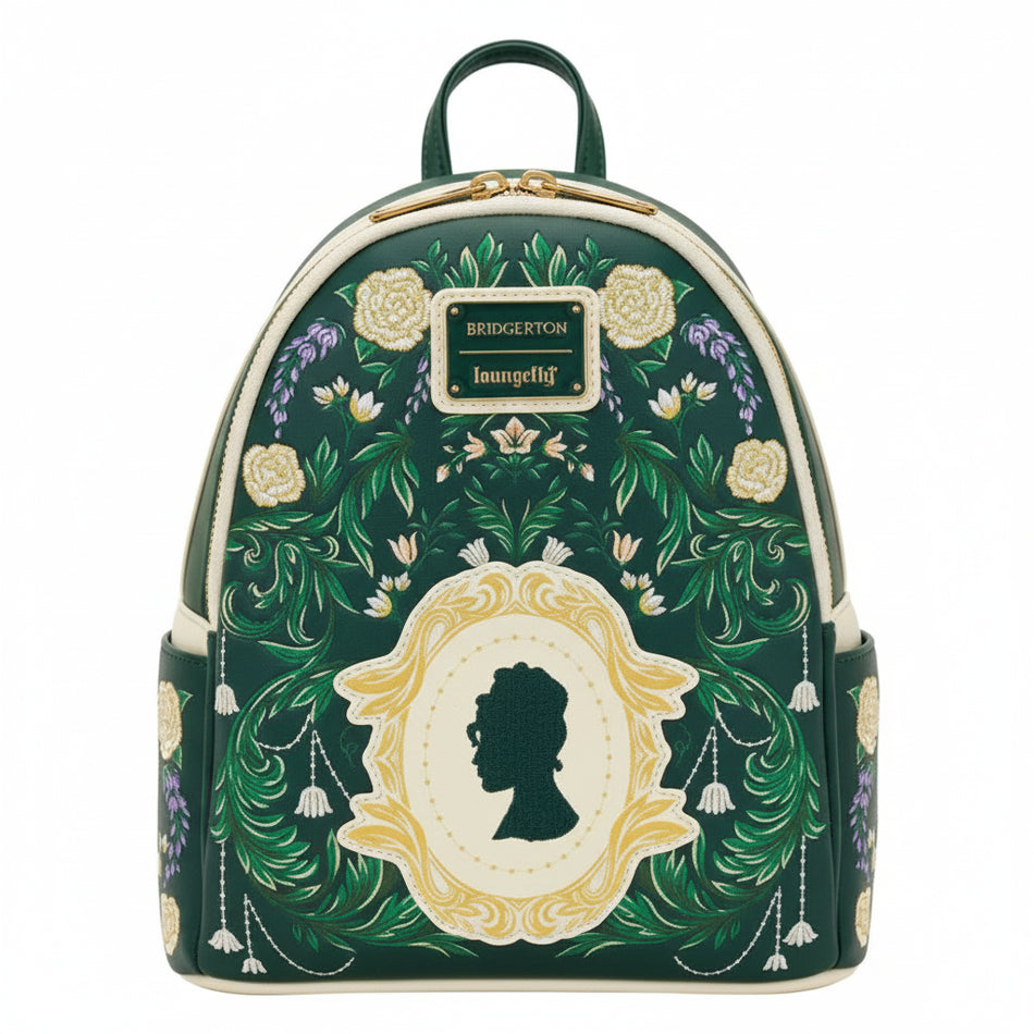 Green backpack with floral design and silhouette emblem on a white background