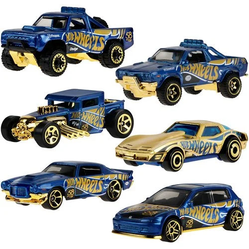 2026 Hot Wheels Blue 58th Anniversary SET with Gold Corvette Chase LOT 6 NEW