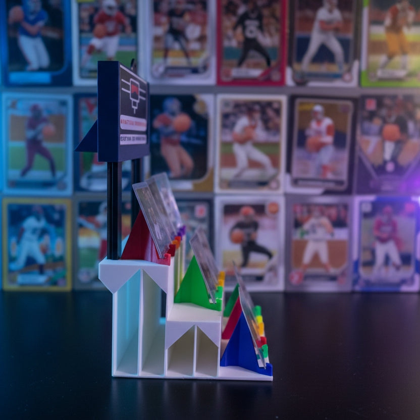 3D printed model of a staircase with colorful steps on a dark background