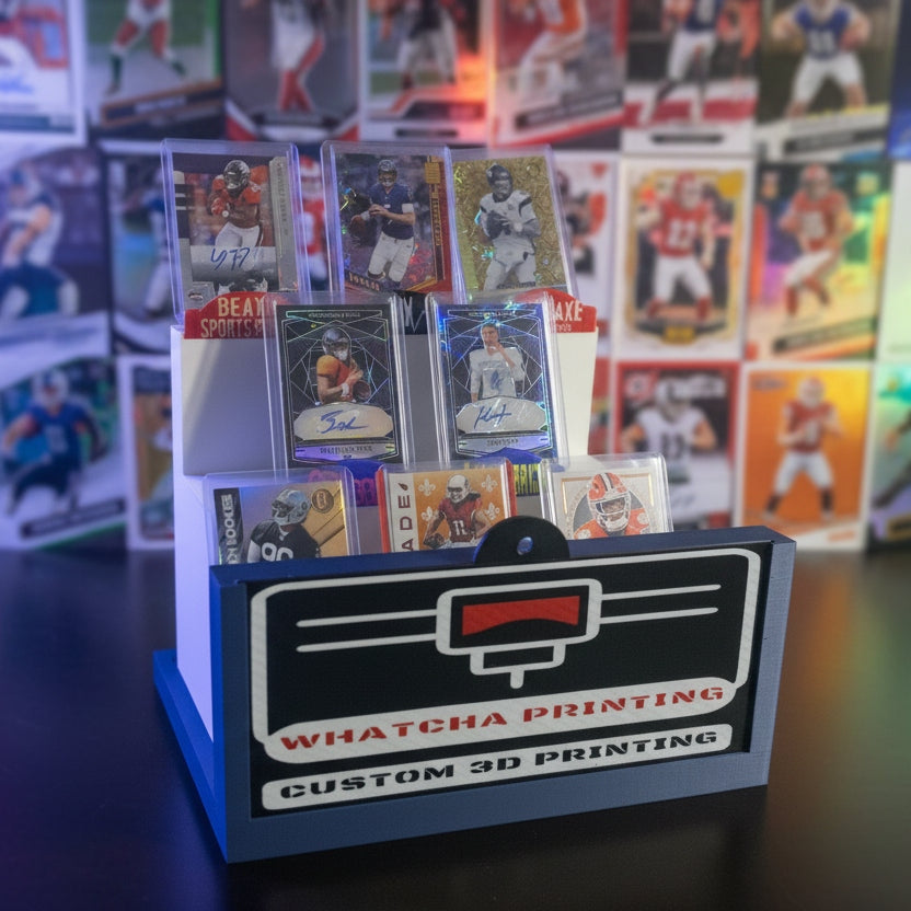 Fridge with various cards and a branded magnet on a dark surface