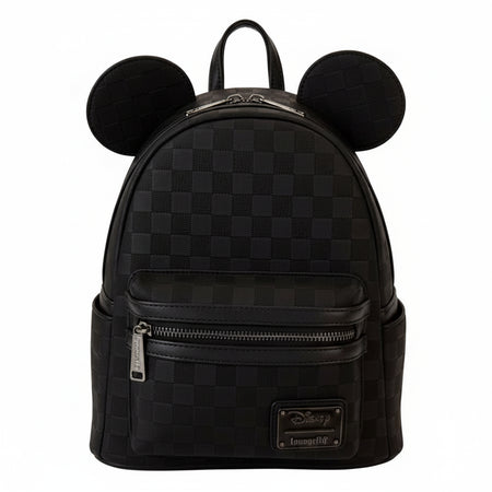 Black checkered backpack with Mickey Mouse ears on a white background