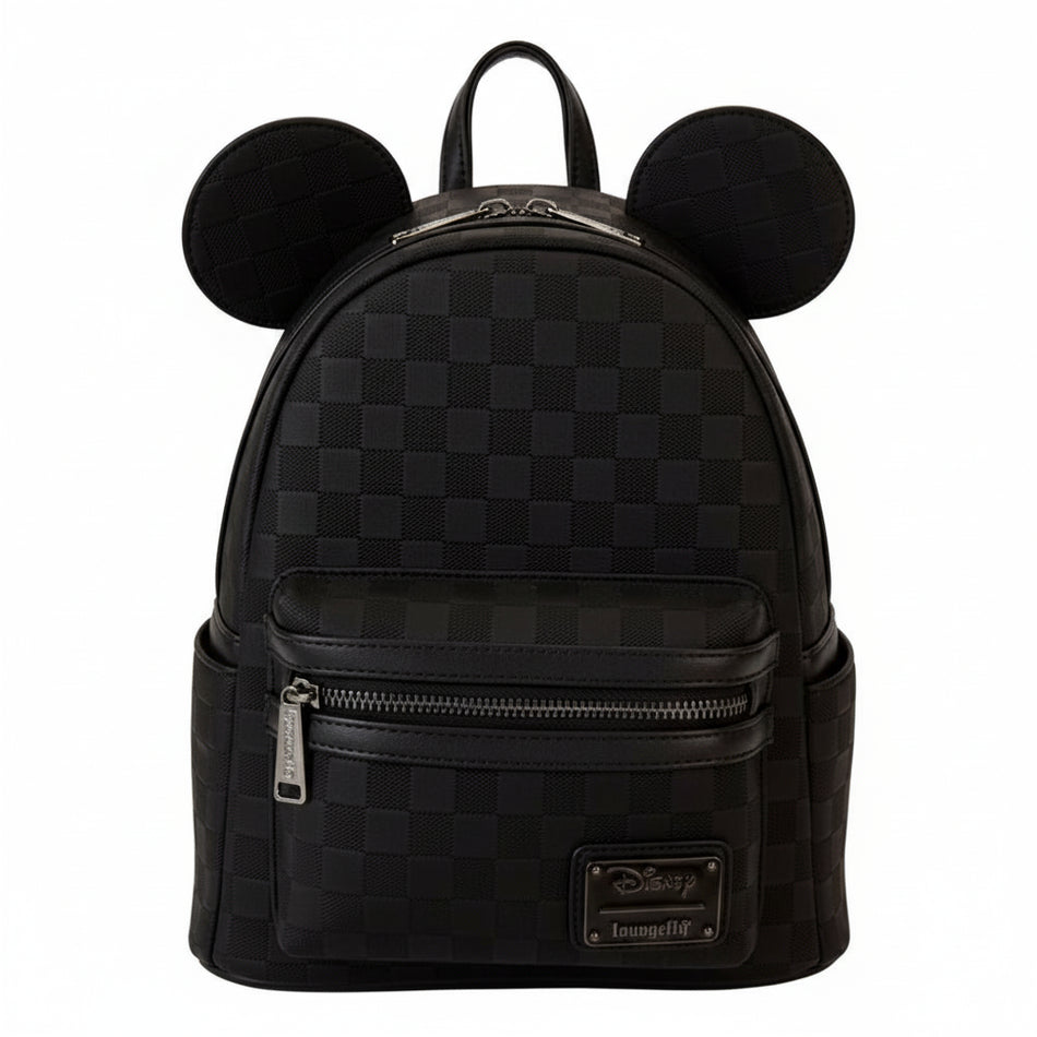 Black checkered backpack with Mickey Mouse ears on a white background