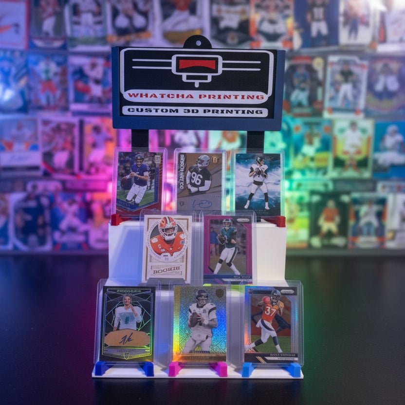 Collection of sports trading cards in a display case with a visible brand logo.