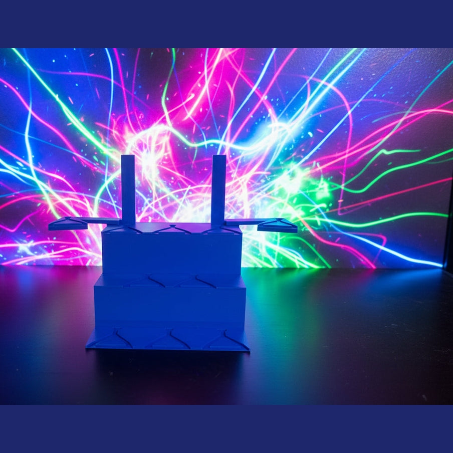 Blue folding stand against a dark wall