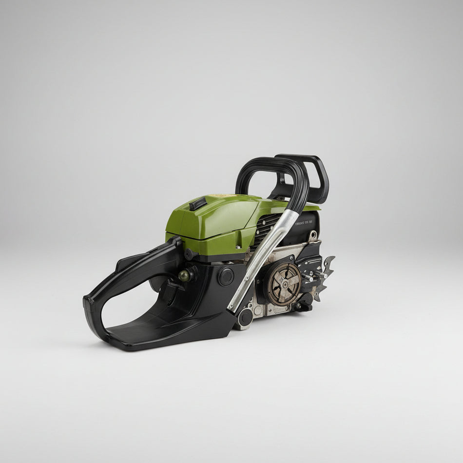 Green chainsaw attached to a wall with tools and boxes in the background