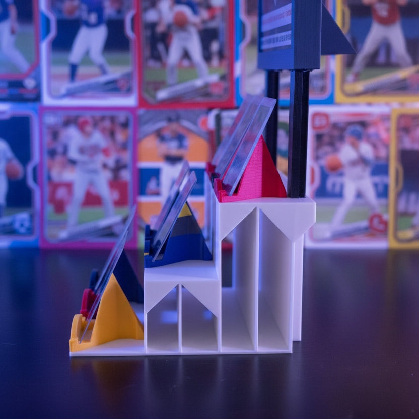 Colorful geometric shapes on a reflective black surface