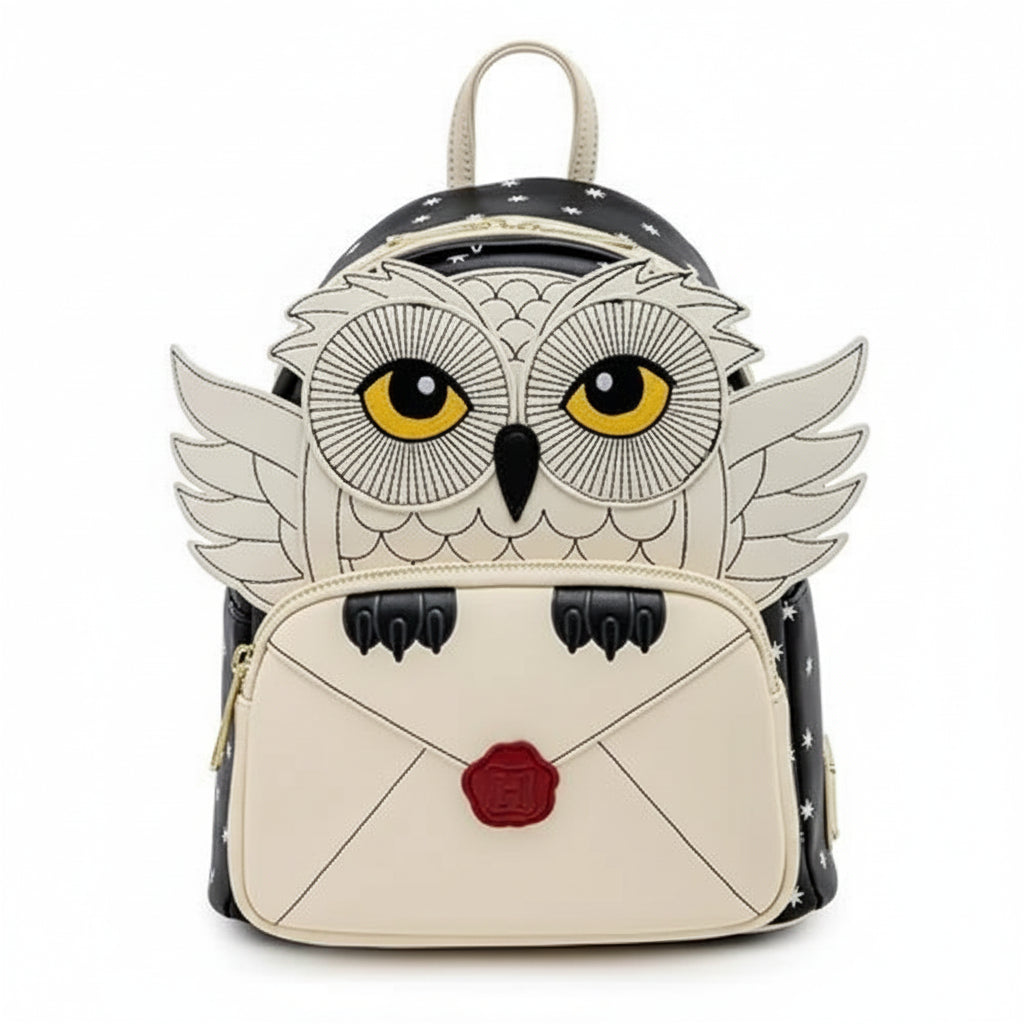 Backpack with owl design and envelope detail on a white background