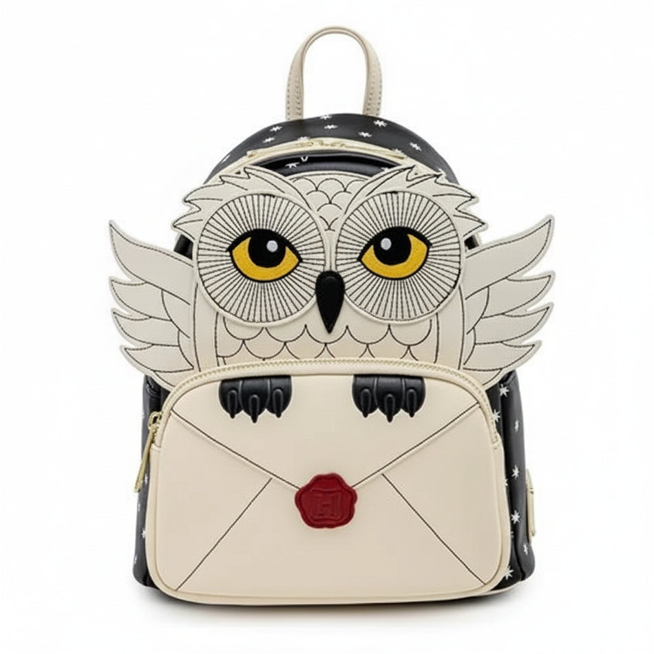 Backpack with owl design and envelope detail on a white background
