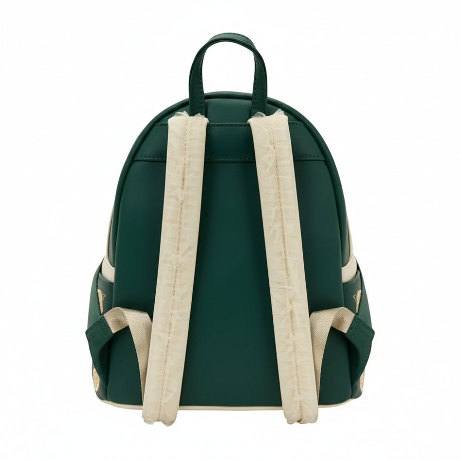 Green backpack with cream-colored straps on a white background