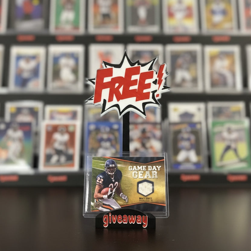 Promotional card with 'Free Giveaway' text in front of a collection of sports trading cards.