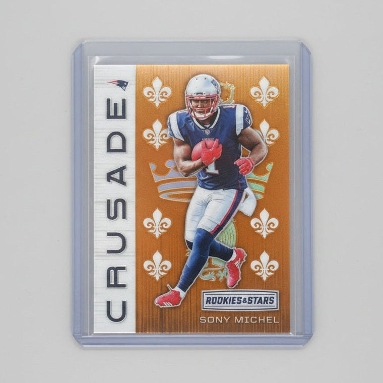 Card featuring a football player in action with decorative elements on a dark background