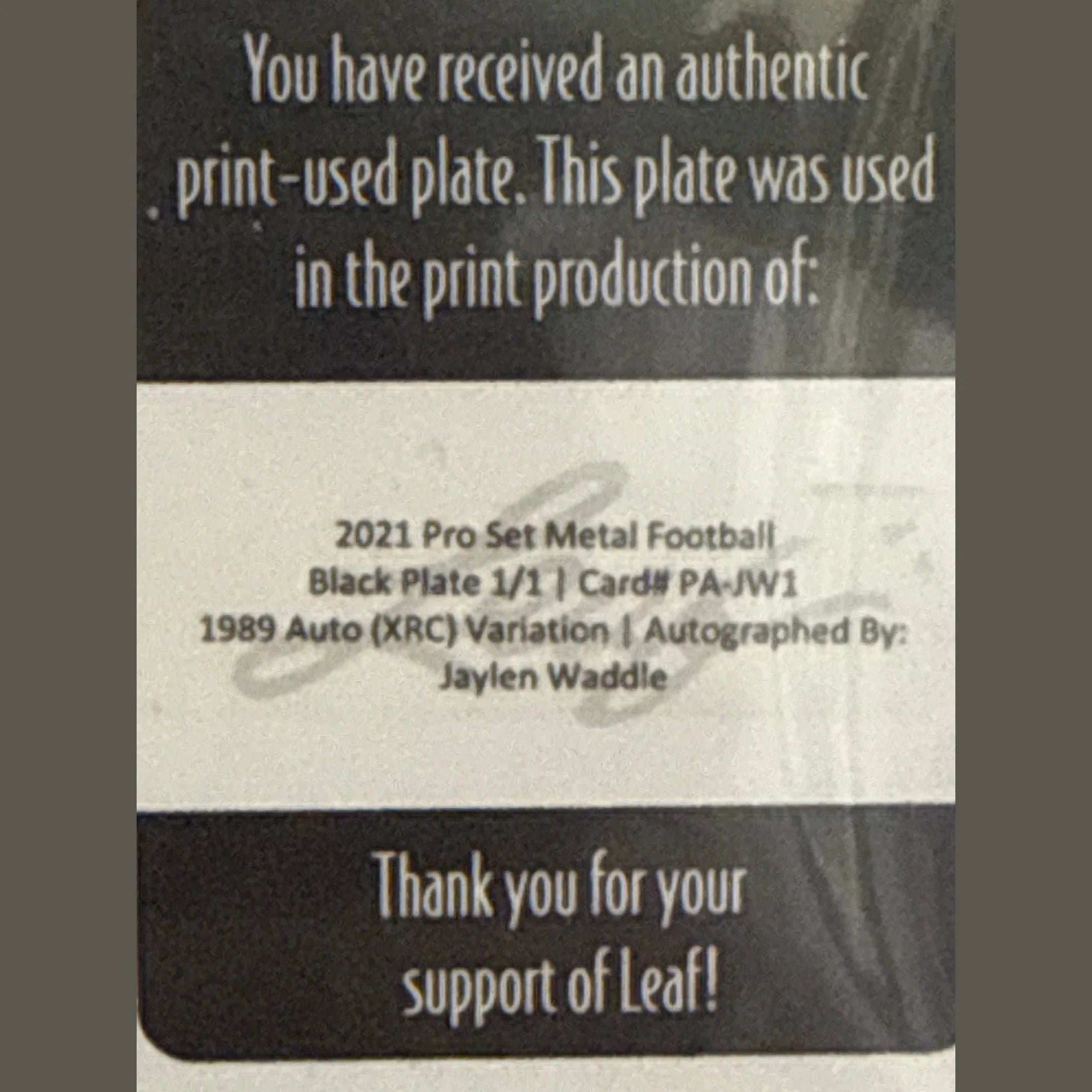 JAYLEN WADDLE 2021 LEAF PRO SET METAL ROOKIE BLACK PRINTING PLATE AUTO XRC 1/1