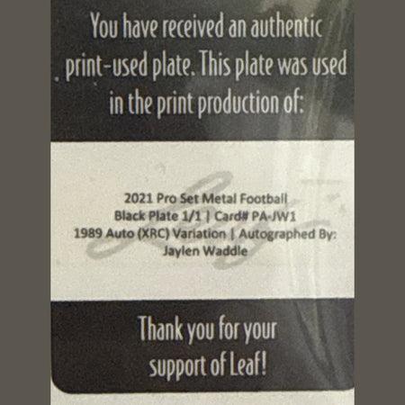 JAYLEN WADDLE 2021 LEAF PRO SET METAL ROOKIE BLACK PRINTING PLATE AUTO XRC 1/1