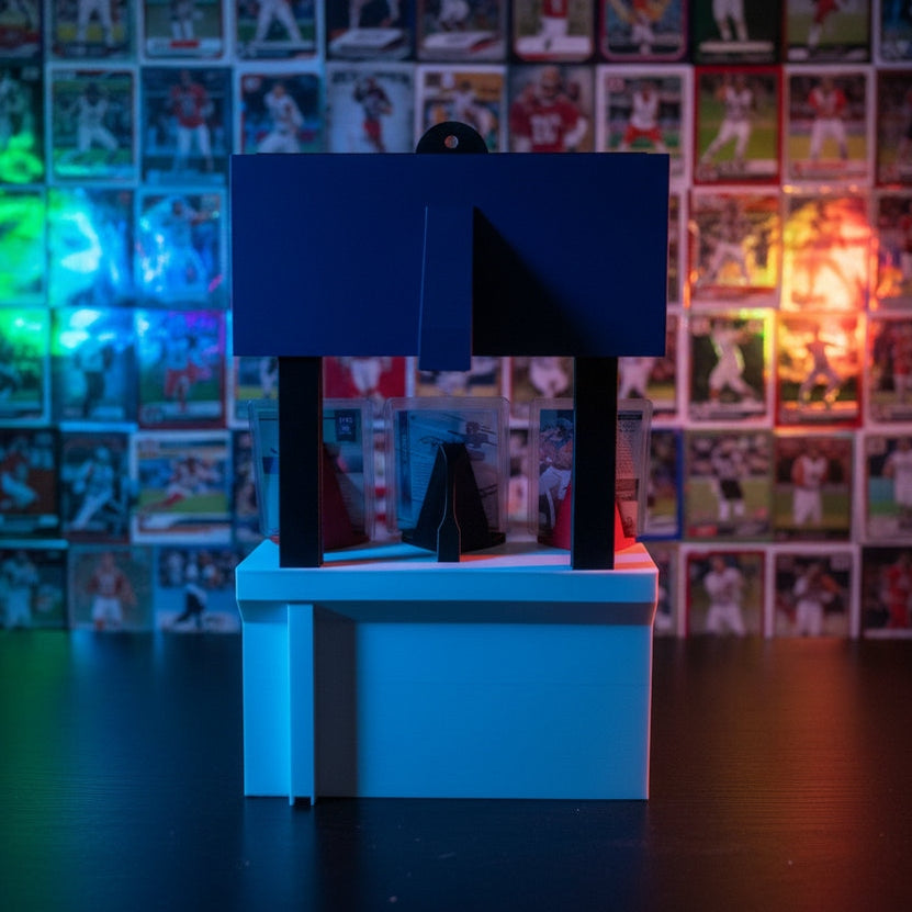 Wall-mounted shelving unit with blue, black, and white shelves against a dark wall.