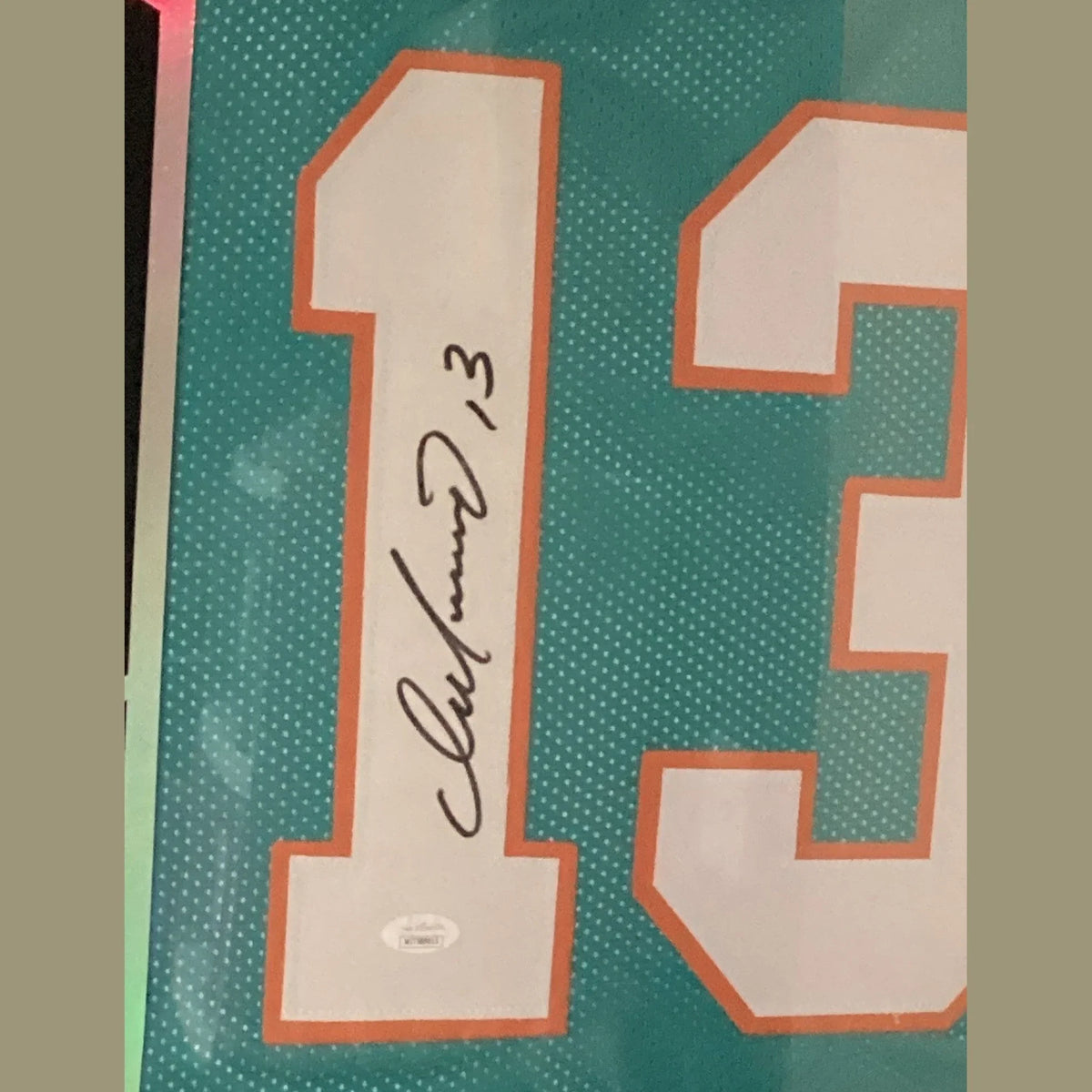 FRAMED Autographed/Signed DAN MARINO 25 x 37 Miami Teal Football Jersey JSA COA