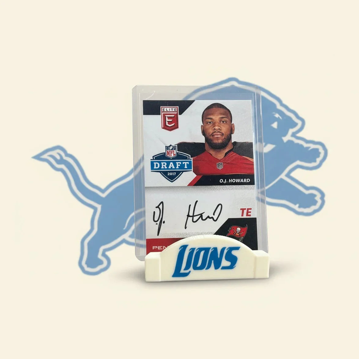 Football trading card of D.J. Howard with a Lions logo on a stand.