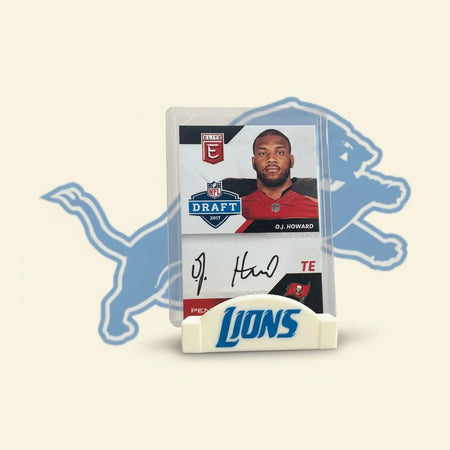 Football trading card of D.J. Howard with a Lions logo on a stand.
