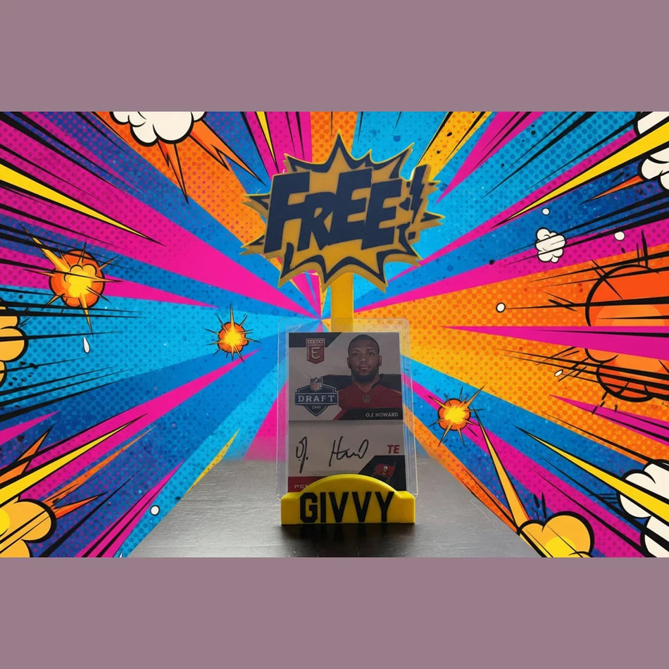 Card holder with a sports card and 'FREE GIVVY' sign on a metallic surface