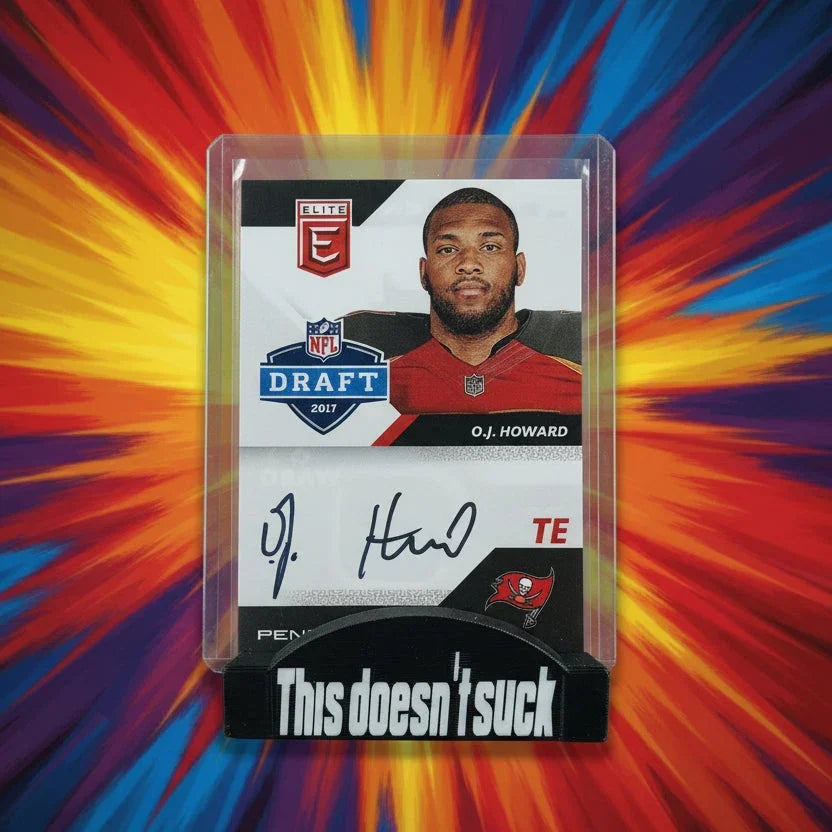 Trading card of O.J. Howard with a signature and NFL Draft 2017 logo on a stand.