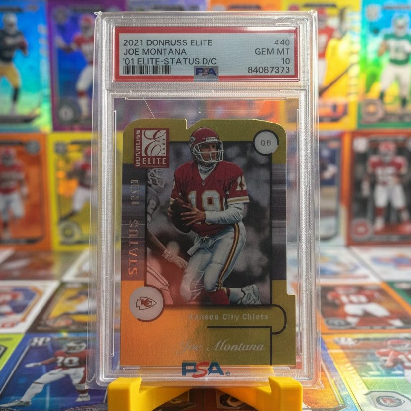 Trading card of Joe Montana in a protective case with PSA grading label