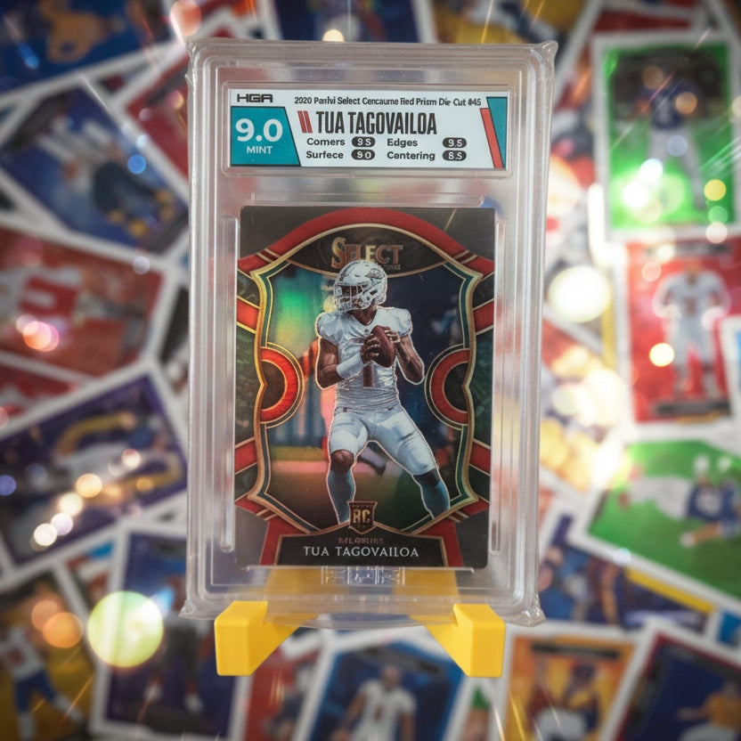 Trading card of a football player in a protective case on a dark surface