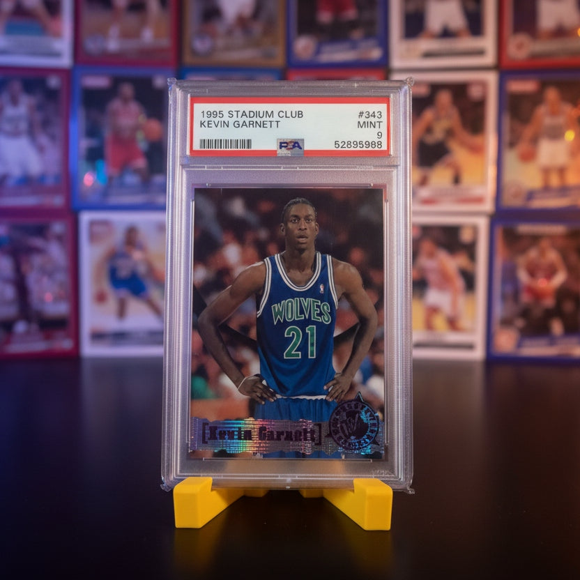 Basketball trading card of Kevin Garnett in a clear holder with a PSA grading label.