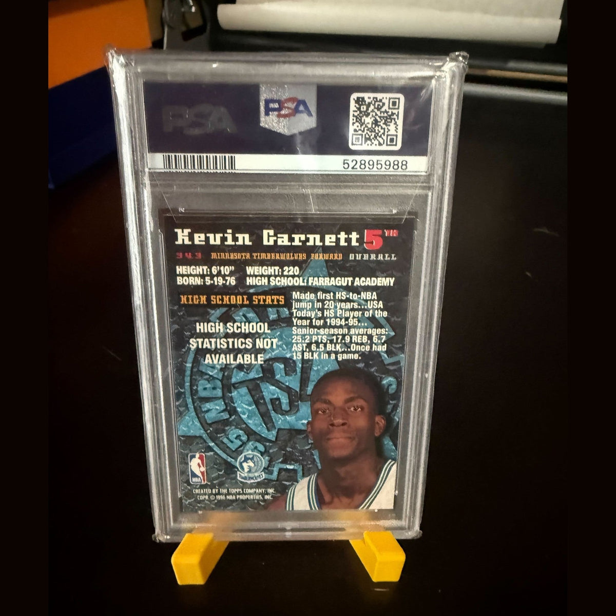 Trading card of Kevin Garnett in a clear protective case on a dark surface