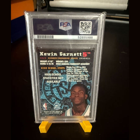 Trading card of Kevin Garnett in a clear protective case on a dark surface