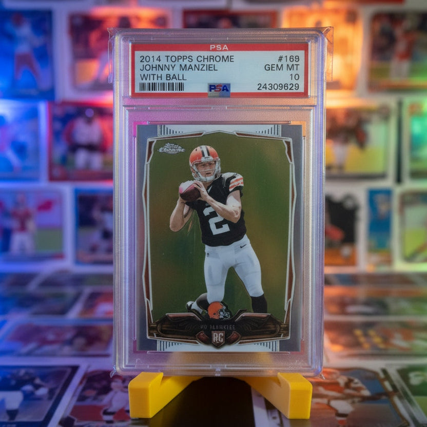 Football trading card in a protective case with a PSA label