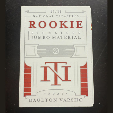 Card with 'National Treasures Rookie Signature Jumbo Material' text on a dark background