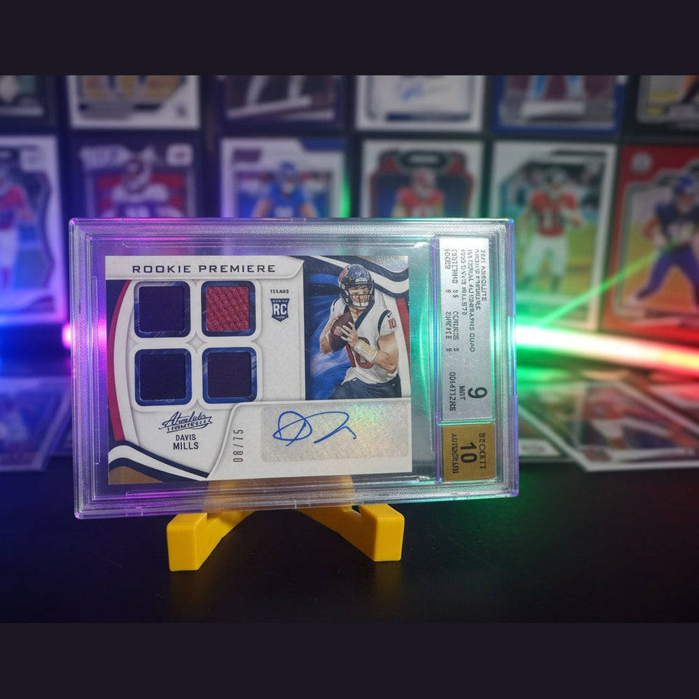 Collectible sports card with player image and autograph on a stand against a background of other cards.