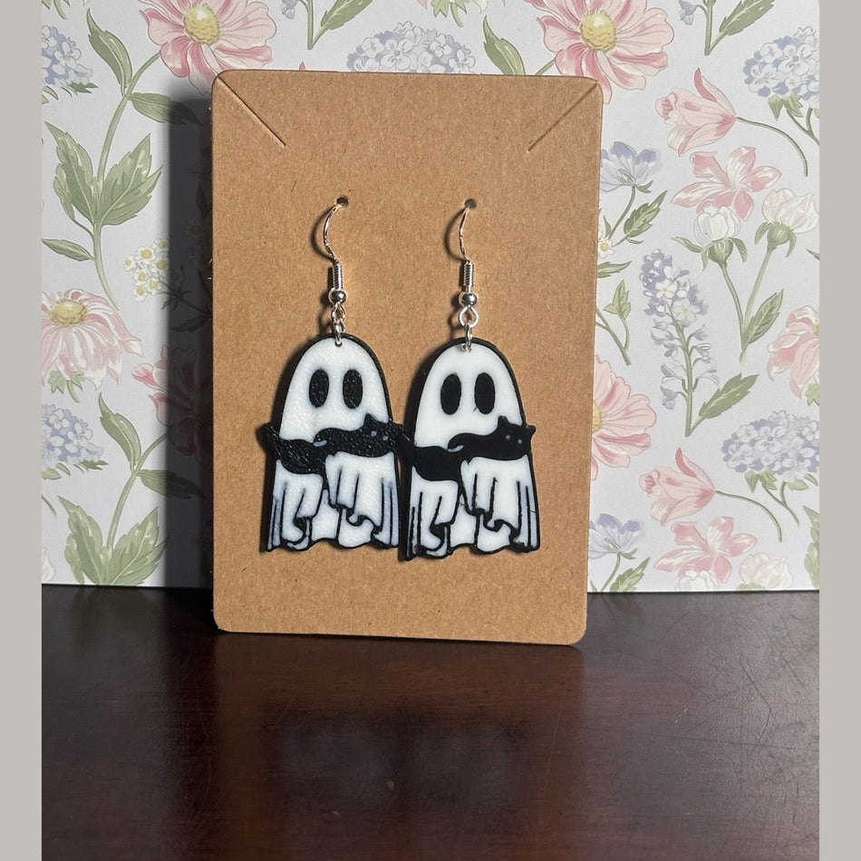 3D Printed Ghost with Black Cat Earring