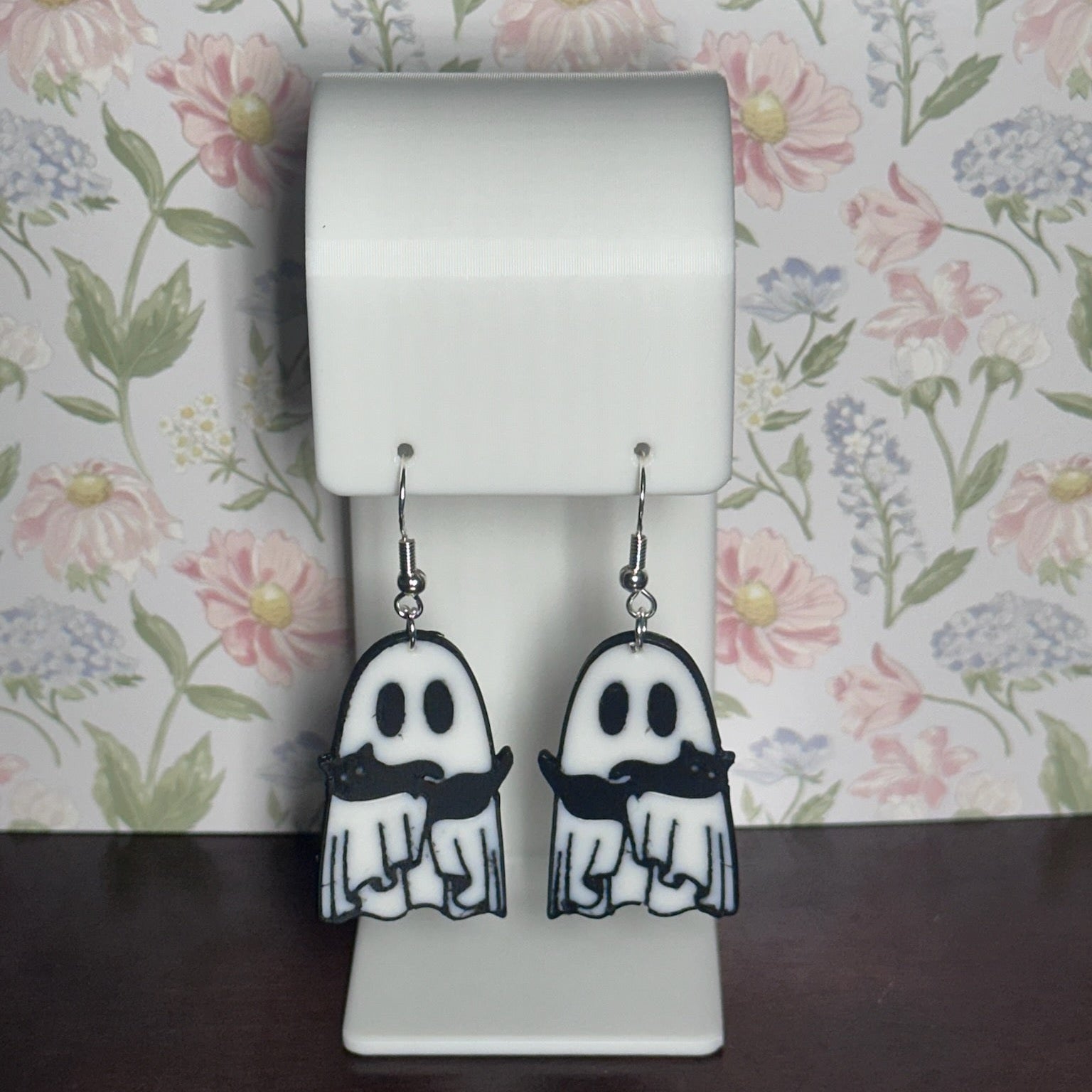 3D Printed Ghost with Black Cat Earring
