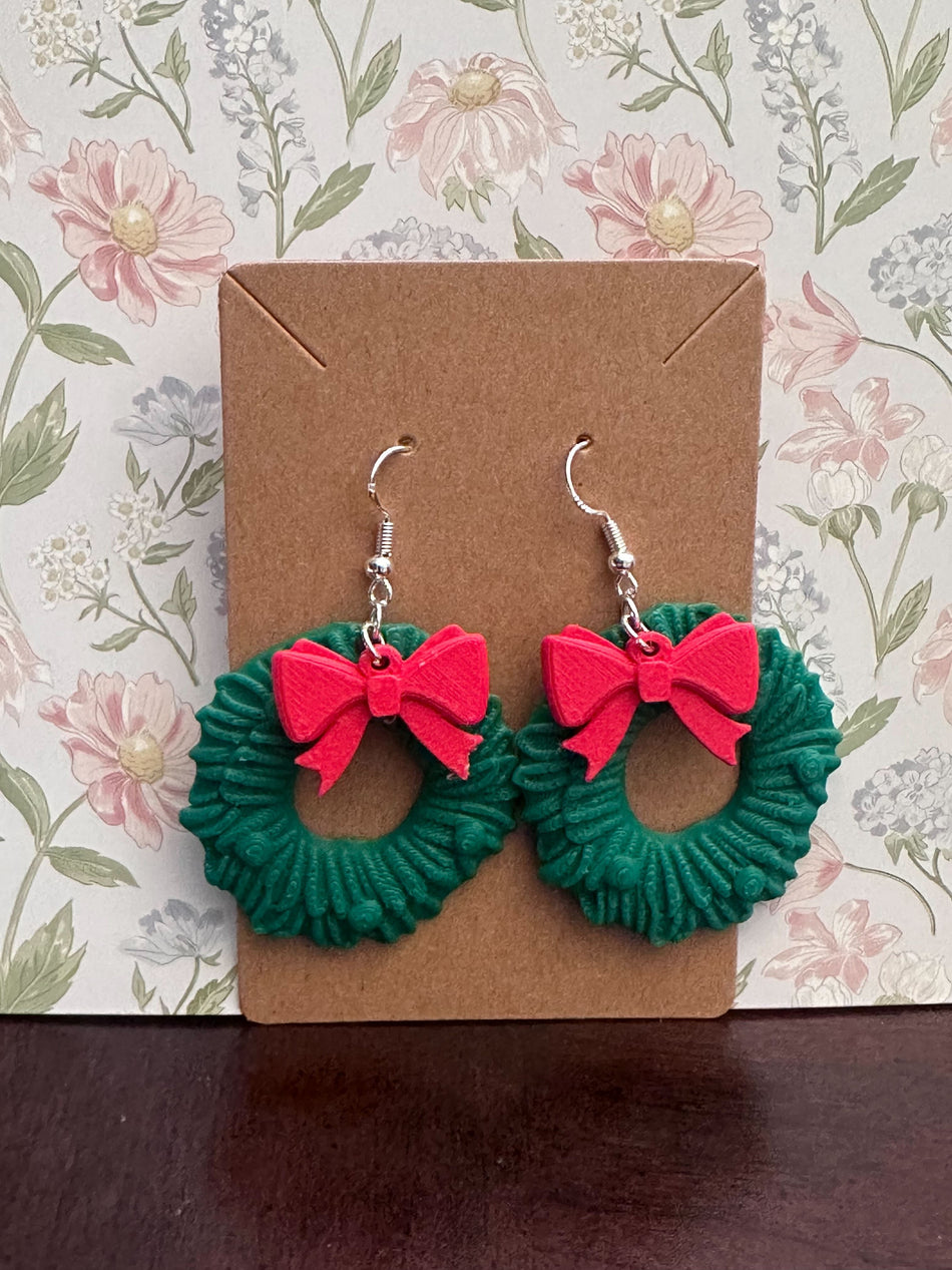 3D Printed Christmas Wreath and Bow Earrings