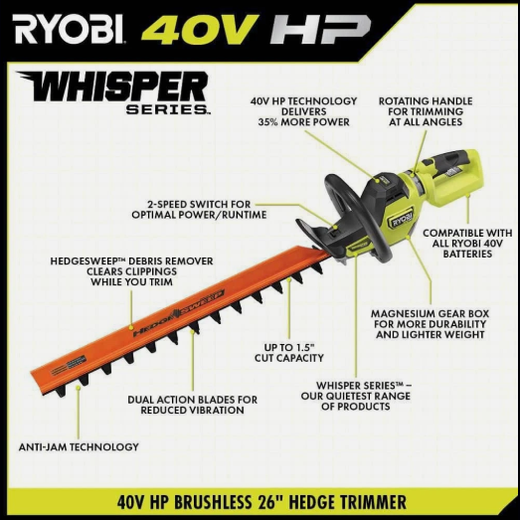 RYOBI 40V HP Brushless Whisper-Series 26-inch OB Hedge Trimmer Kit w 2.0 Ah Battery