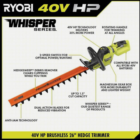 RYOBI 40V HP Brushless Whisper-Series 26-inch OB Hedge Trimmer Kit w 2.0 Ah Battery